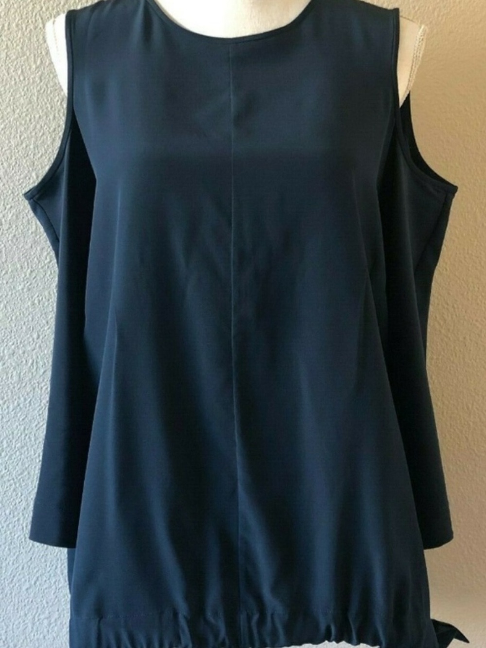 Tibi Navy Cold-Shoulder Sleeveless Blouse with Side Tie.